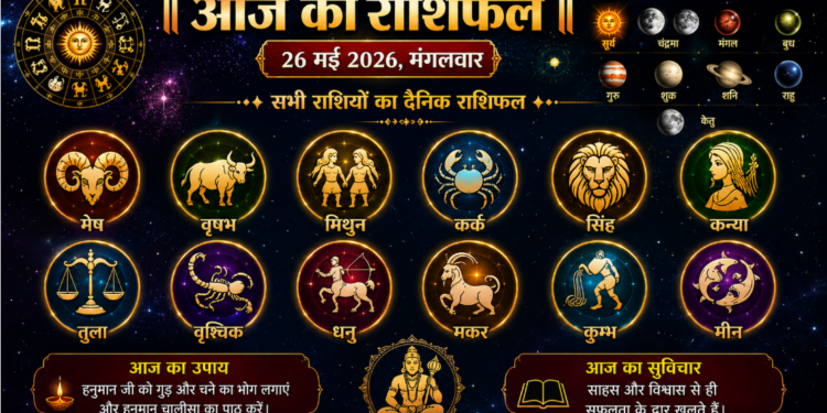 26 मई 2026 का महा-राशिफल: ज्येष्ठ शुक्ल एकादशी और चतुर्थ बड़ा मंगल (बुढ़वा मंगल) के पावन सिद्धि योग एवं हस्त नक्षत्र के दिव्य संयोग में जानिए अपनी राशि का संपूर्ण भविष्यफल, भाग्यशाली अंक, शुभ रंग और जीवन बदलने वाले अचूक उपाय