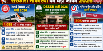 रेलवे (RRB JE) भर्ती 2026: 4,098 पदों पर बंपर अवसर DSSSB भर्ती 2026: 2009 के अभ्यर्थियों के लिए विशेष मौका यूनियन बैंक ऑफ इंडिया भर्ती 2026: 395 पदों पर अधिकारी बनने का अवसर
