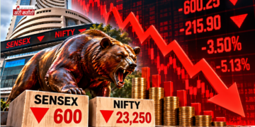 शेयर बाजार में भारी गिरावट, Sensex 600 अंक टूटा; Nifty 23,250 के नीचे