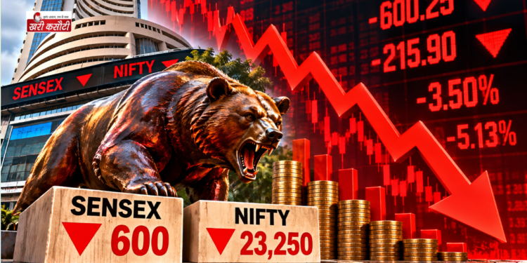 शेयर बाजार में भारी गिरावट, Sensex 600 अंक टूटा; Nifty 23,250 के नीचे