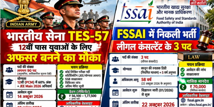 Indian Army TES-57 में 12वीं पास युवाओं को अफसर बनने का मौका, FSSAI में भी निकली 3 पदों पर भर्ती; जानें योग्यता, वेतन और आवेदन की तारीख
